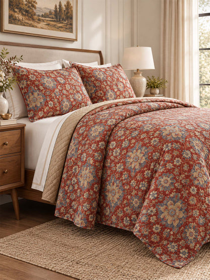Rust Red Vintage Floral Quilted 3-Piece Bedding Set