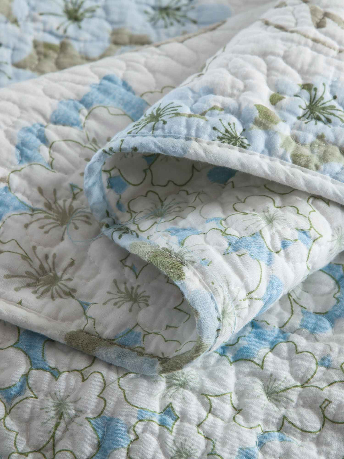 Light Blue Hydrangea Floral Print Quilted 3‑Piece Bedding Set