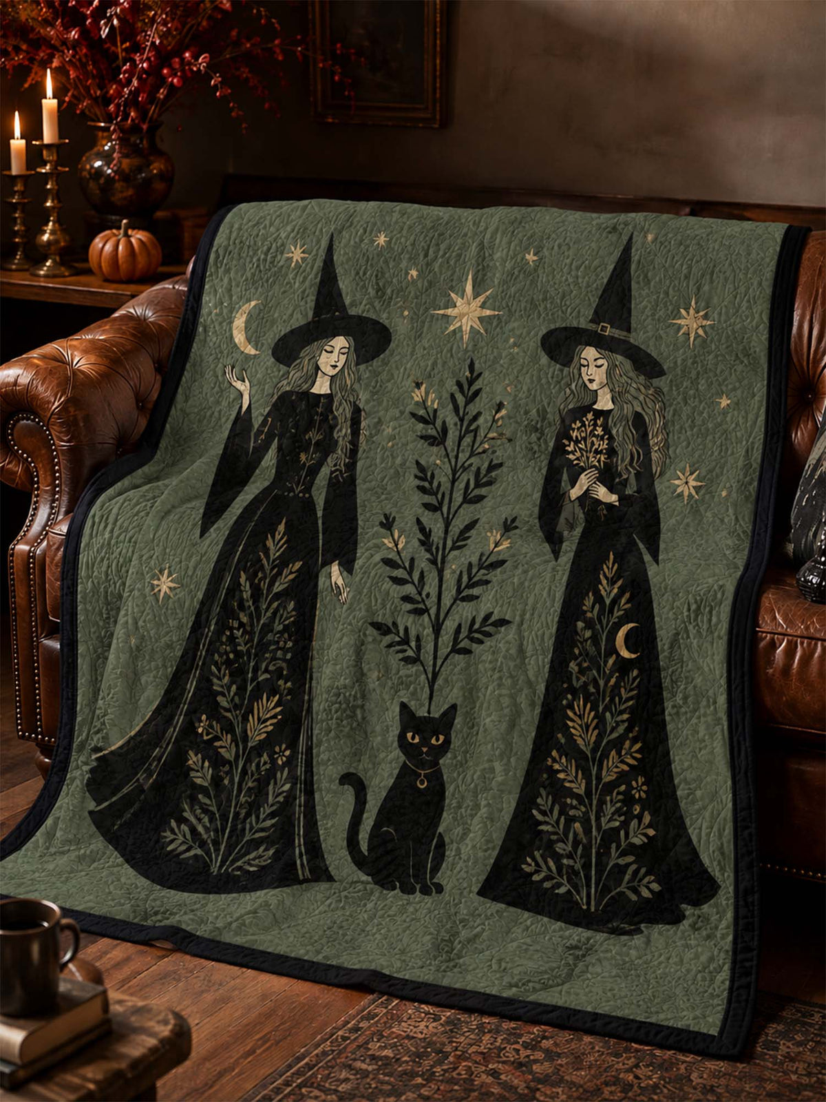 Moonlit Witch & Black Cat Quilted Blanket