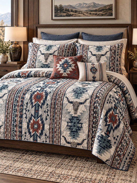 Western Longhorn Cow Skull Quilted 3-Piece Bedding Set