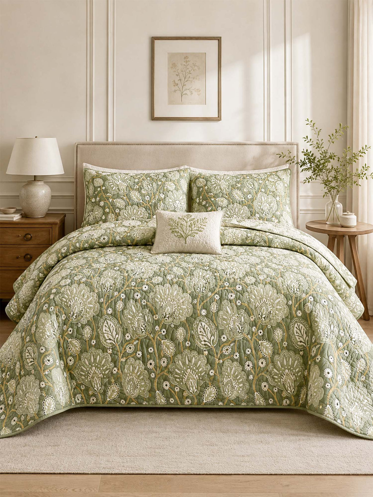 H.PAI Sage Botanical Garden Quilted 3-Piece Bedding Set