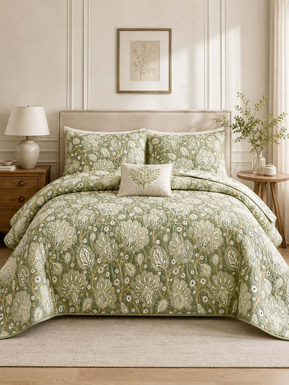 H.PAI Sage Botanical Garden Quilted 3-Piece Bedding Set