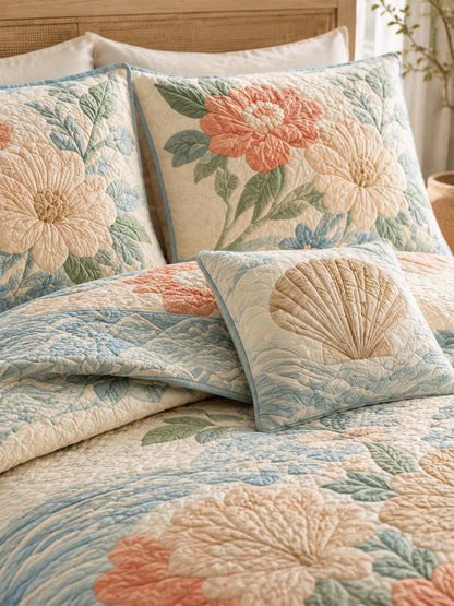 H.PAI Coastal Floral Quilted 3-Piece Bedding Set