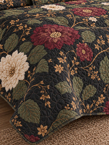 H.PAI Dark Botanical Floral Quilted 3-Piece Bedding Set