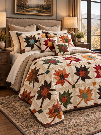 Vintage Leaf Geometric Patchwork Quilted 3-Piece Bedding Set