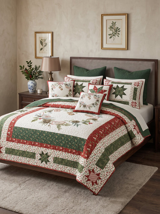 Vintage Christmas Star Patchwork Quilted 3-Piece Bedding Set