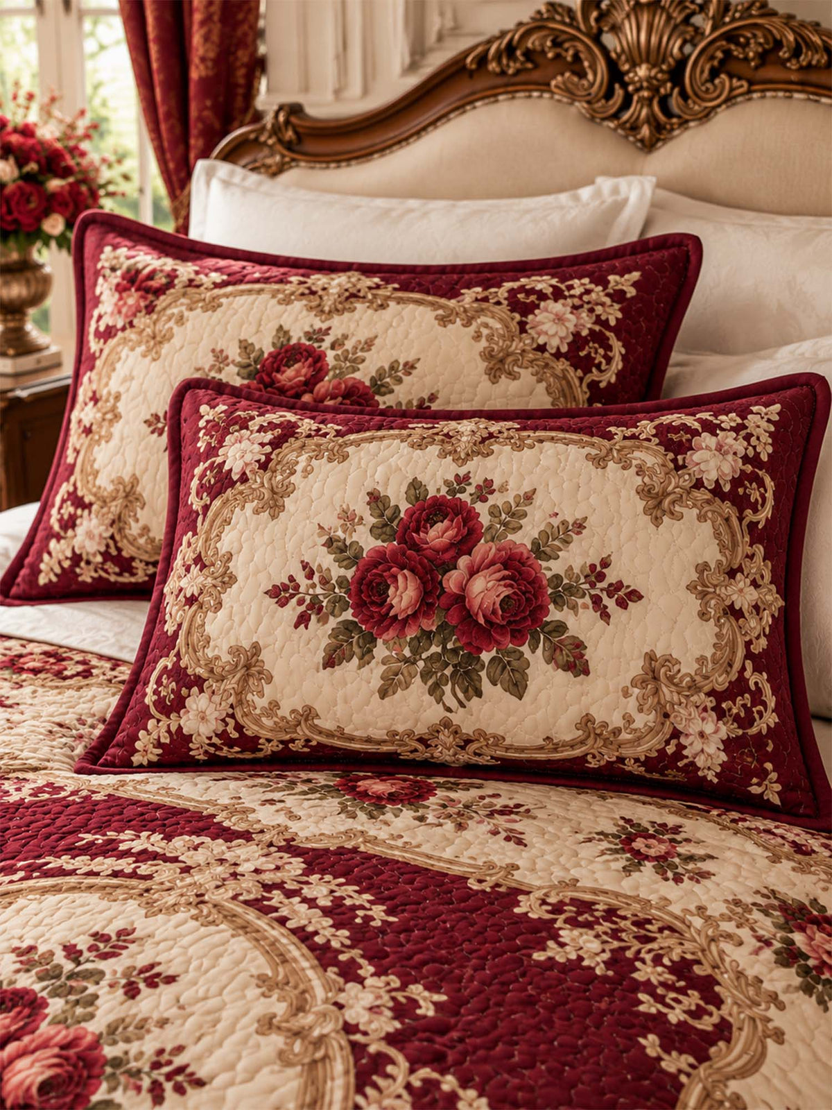 Vintage Burgundy Rose Baroque Quilted 3-Piece Bedding Set