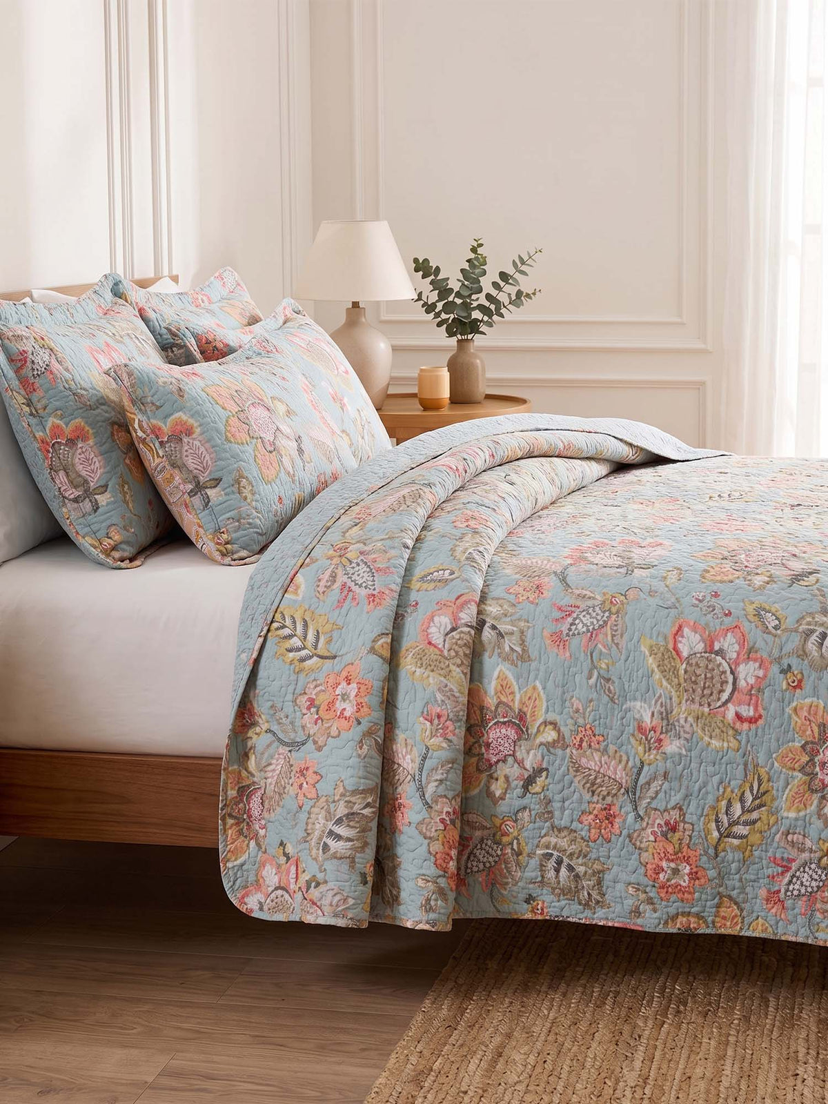 Teal Blue Vintage Garden Harvest Floral Patchwork Quilted 3‑Piece Bedding Set
