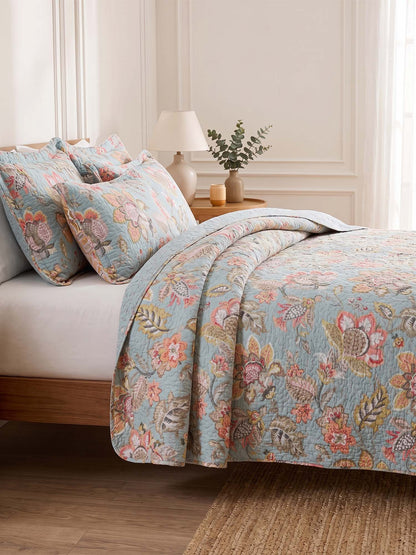 Teal Blue Vintage Garden Harvest Floral Patchwork Quilted 3‑Piece Bedding Set