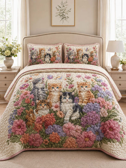 H.PAI Garden Cat Floral Quilted 3-Piece Bedding Set