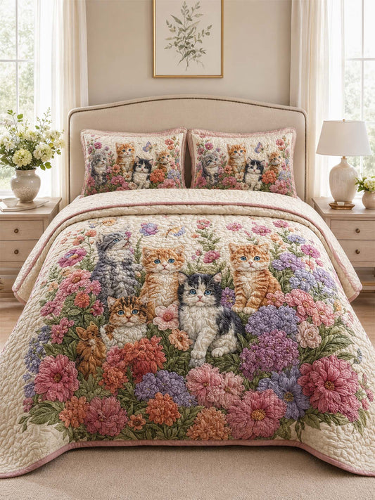 H.PAI Garden Cat Floral Quilted 3-Piece Bedding Set