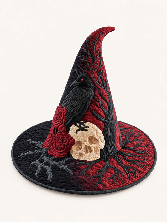 Crimson Raven Skull Rose Gothic Handcrafted Quilted Witch Hat