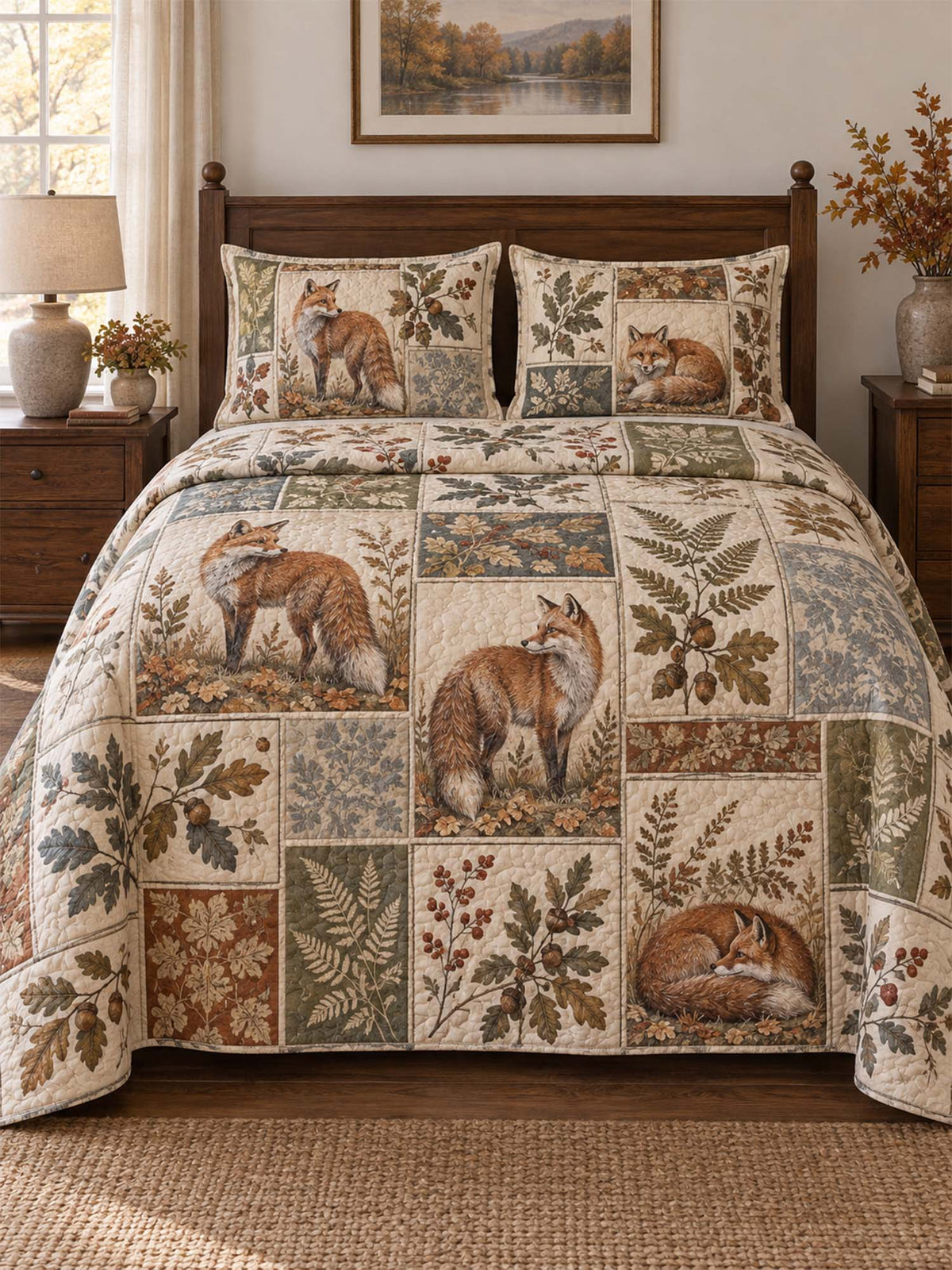 Woodland Deer Botanical Quilted 3-Piece Bedding Set