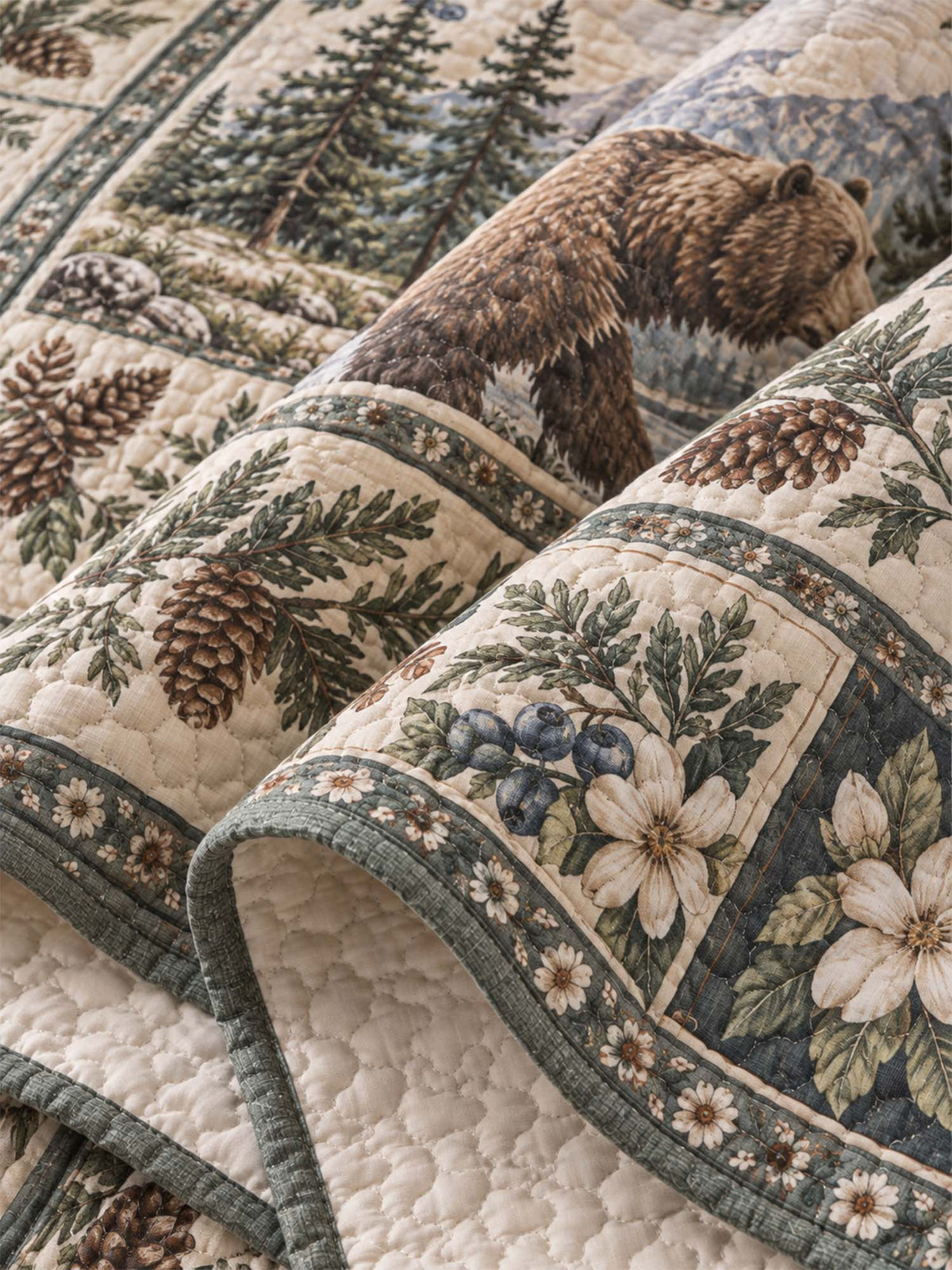 Mountain Bear Pine Forest Quilted 3-Piece Bedding Set
