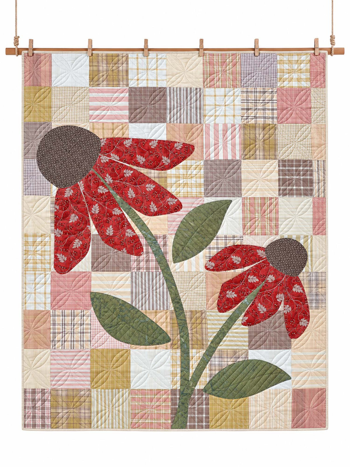Red Coneflower Patchwork Quilted 3-Piece Bedding Set