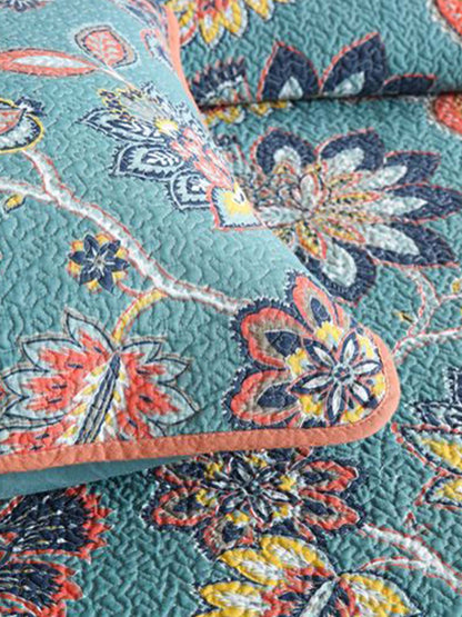 Teal Autumn Bloom Quilted 3-Piece Bedding Set
