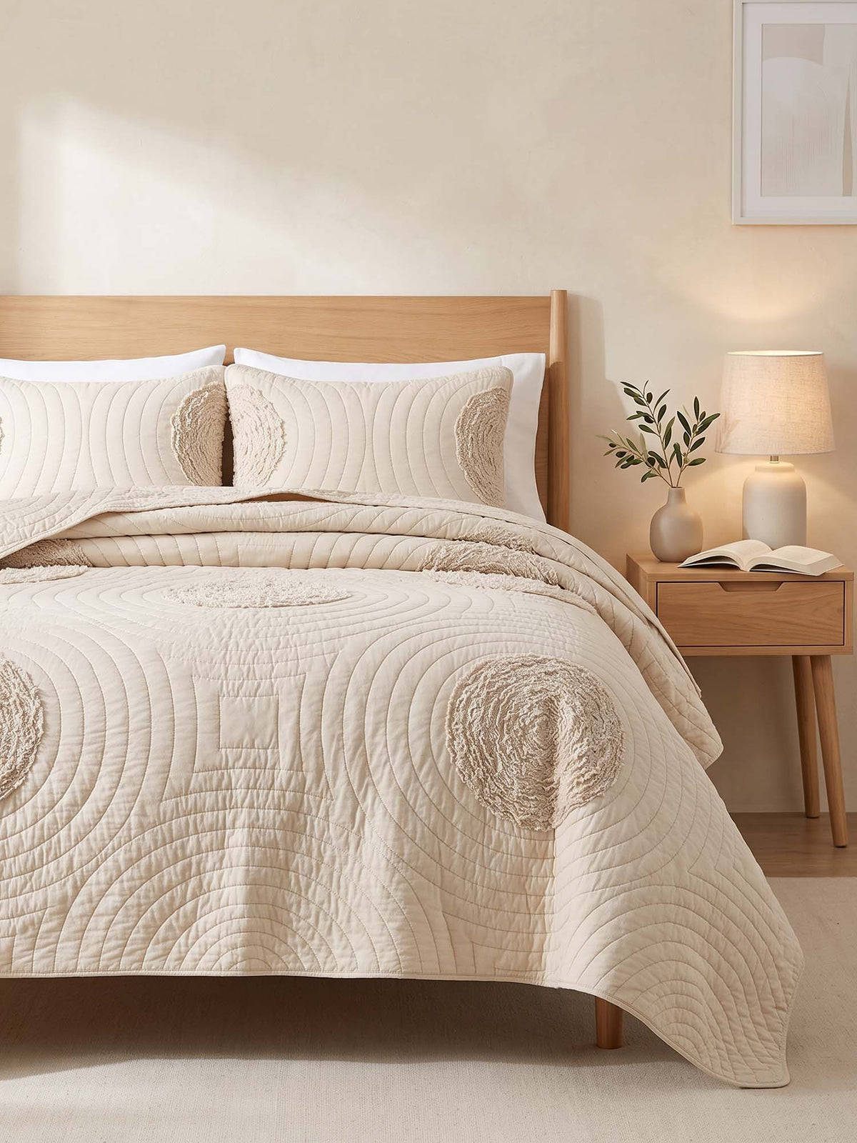 Neutral Textured Circles Quilted 3-Piece Bedding Set