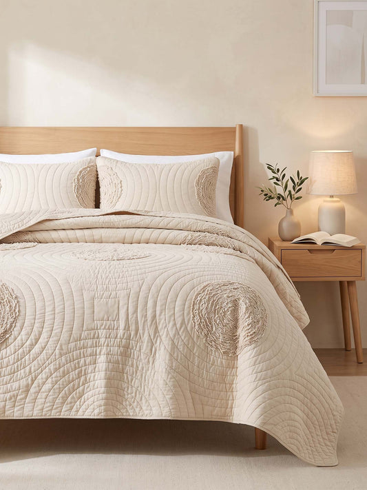 Neutral Textured Circles Quilted 3-Piece Bedding Set