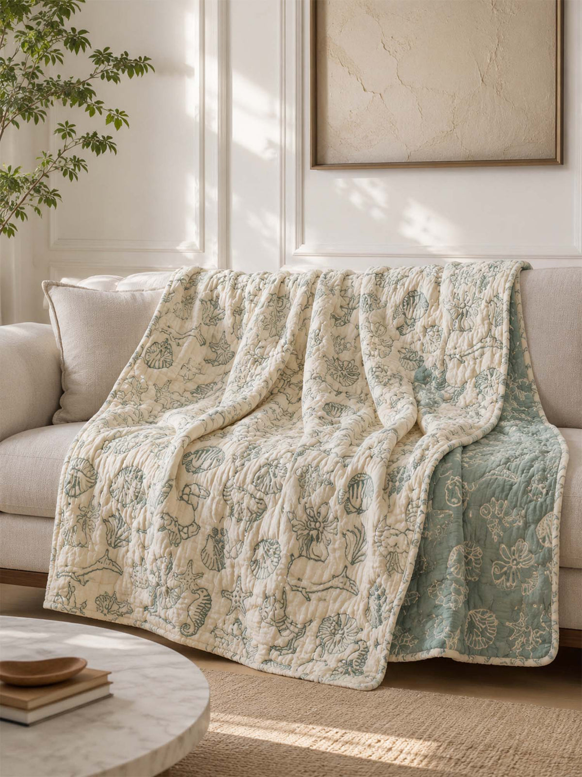 Sea Life Adventure Green 100% Cotton Gauze Soft Puff Blanket