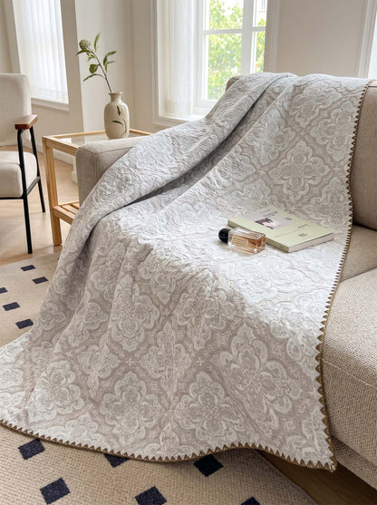 Vintage Beige Floral Jacquard Quilted Throw Three‑Layer Gauze Cotton Blanket