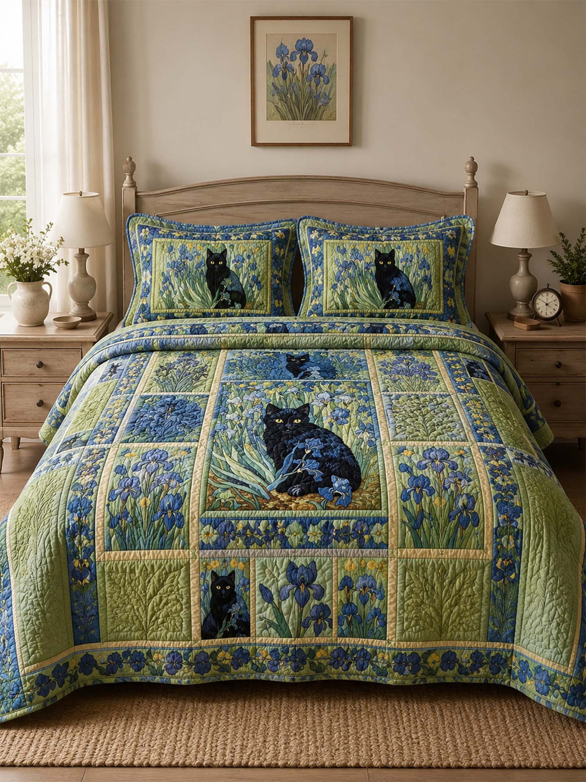 H.PAI Blue Iris Cat Garden Quilted 3-Piece Bedding Set
