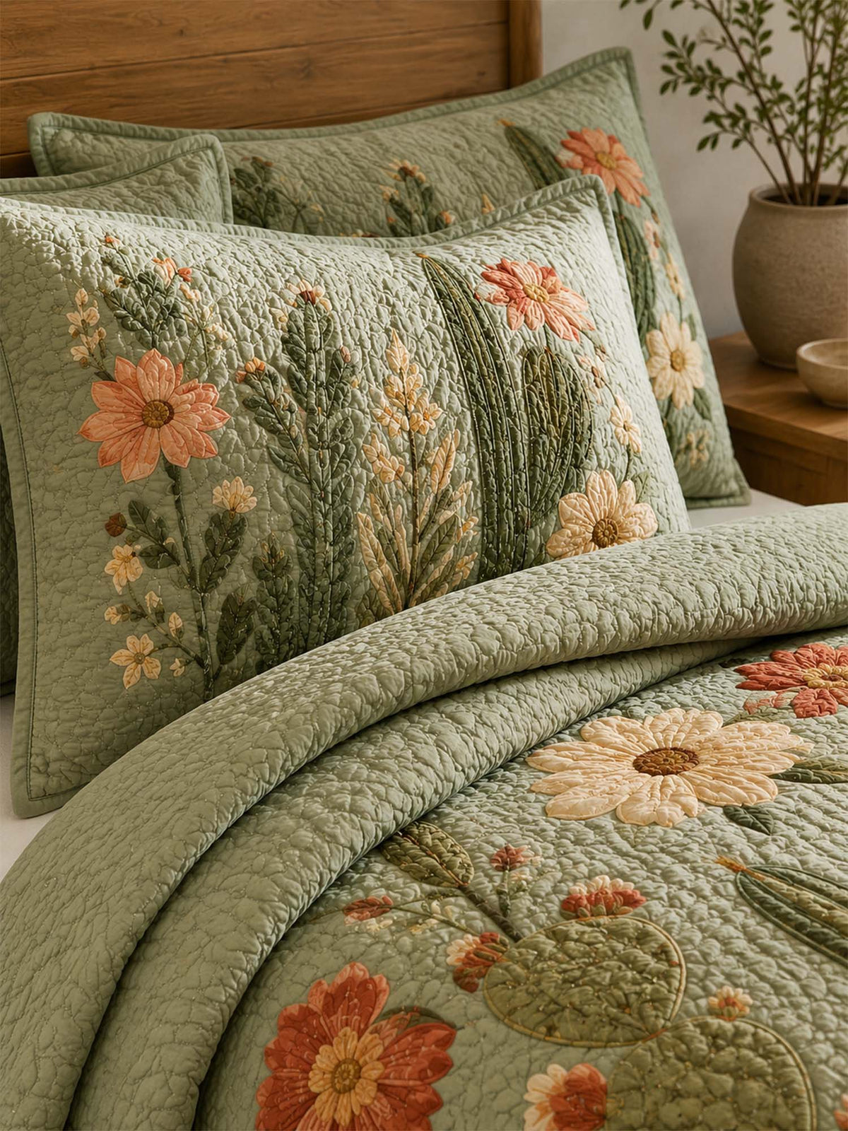 H.PAI Cactus Garden Floral Quilted 3-Piece Bedding Set