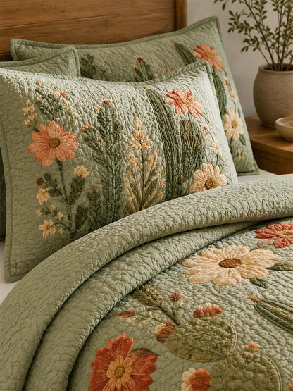 H.PAI Cactus Garden Floral Quilted 3-Piece Bedding Set