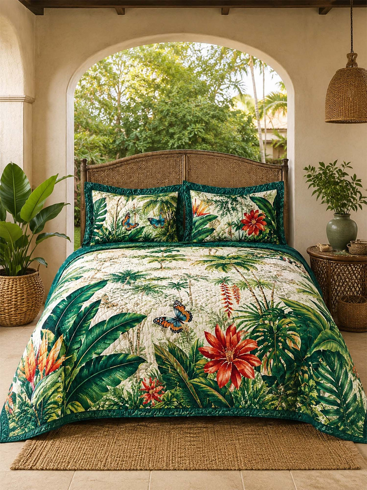 H.PAI Tropical Botanical Quilted 3-Piece Bedding Set