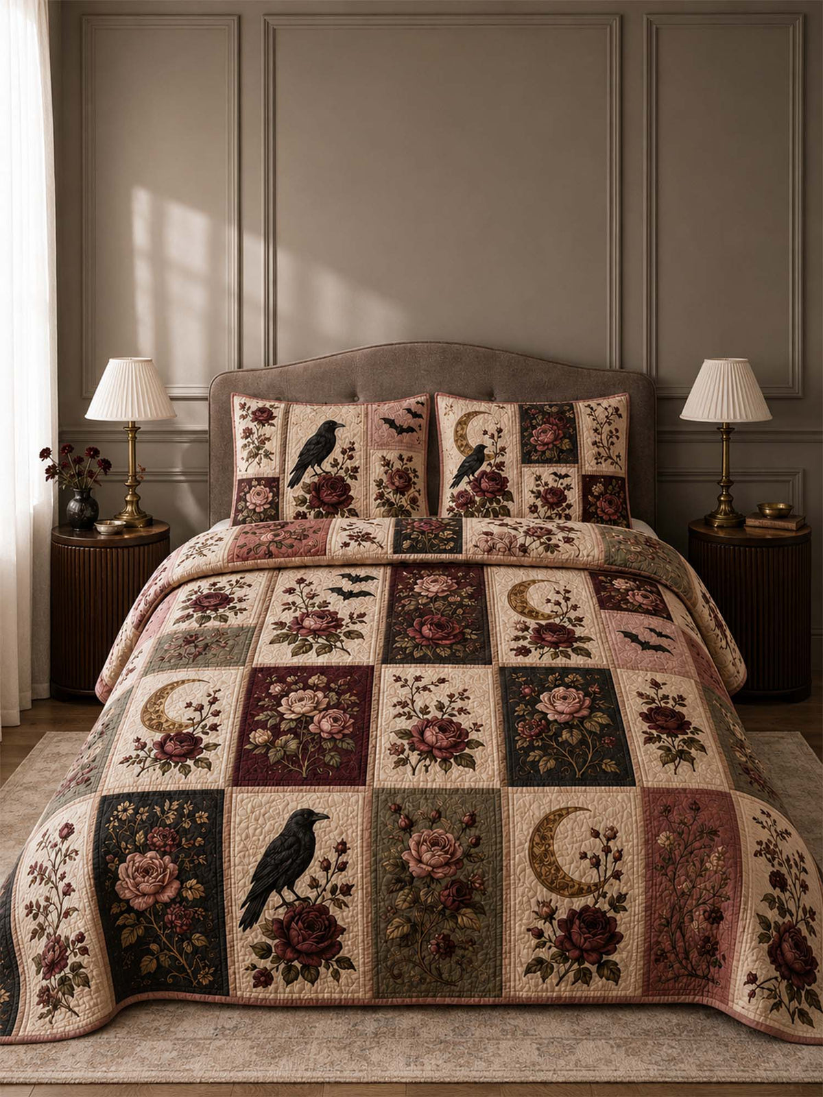 H.PAI Raven Rose Moonlight Quilted 3-Piece Bedding Set