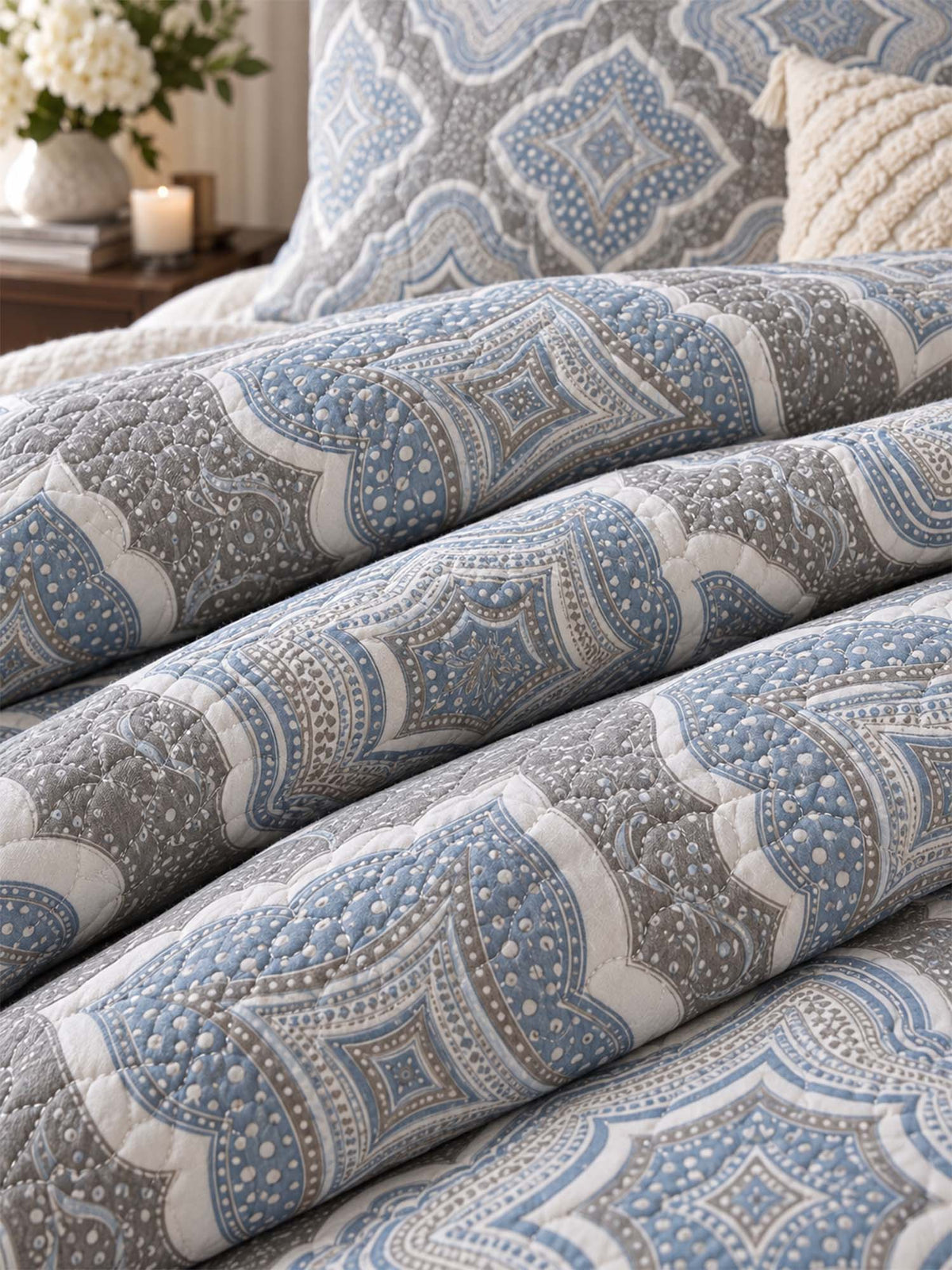 Dusty Blue Mosaic Medallion 100% Cotton Quilted Bedding Set