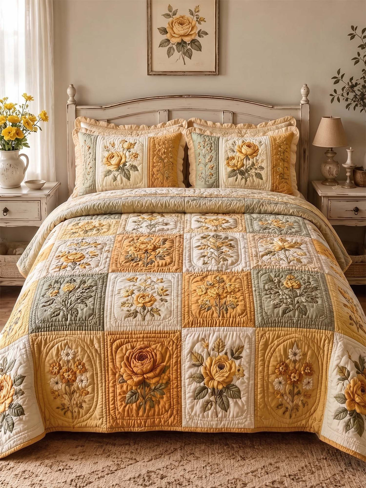 Vintage Rose Floral Quilted 3-Piece Bedding Set