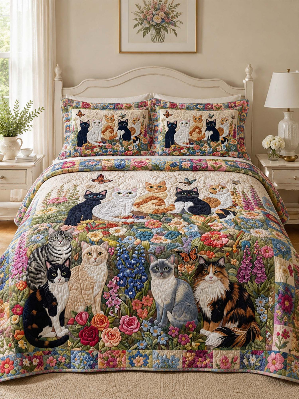 H.PAI Wildflower Cat Garden Quilted 3-Piece Bedding Set