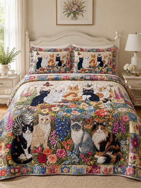 H.PAI Wildflower Cat Garden Quilted 3-Piece Bedding Set