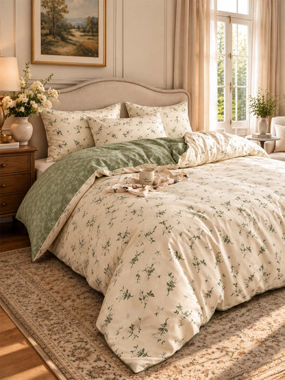 Vintage Botanical Floral 100% Cotton 3-Piece Duvet Cover Bedding Set
