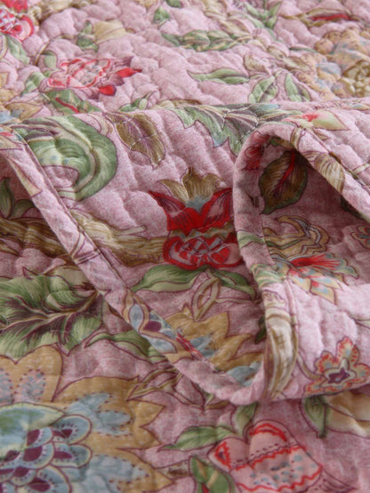 Soft Pink Country Botanical Floral Print Quilted 3‑Piece Bedding Set