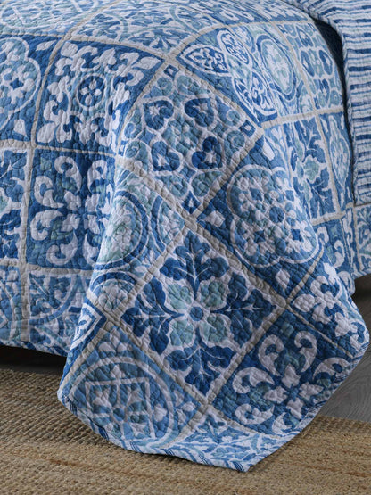 Coastal Boho Blue Portuguese Tile Print Quilted 3‑Piece Bedding Set