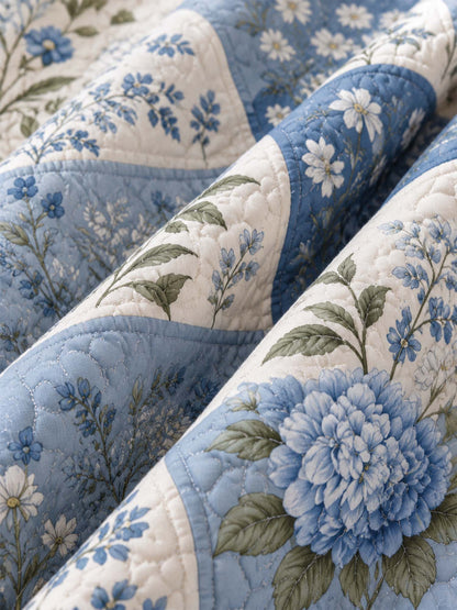 Blue Hydrangea Botanical Patchwork Quilted 3-Piece Bedding Set