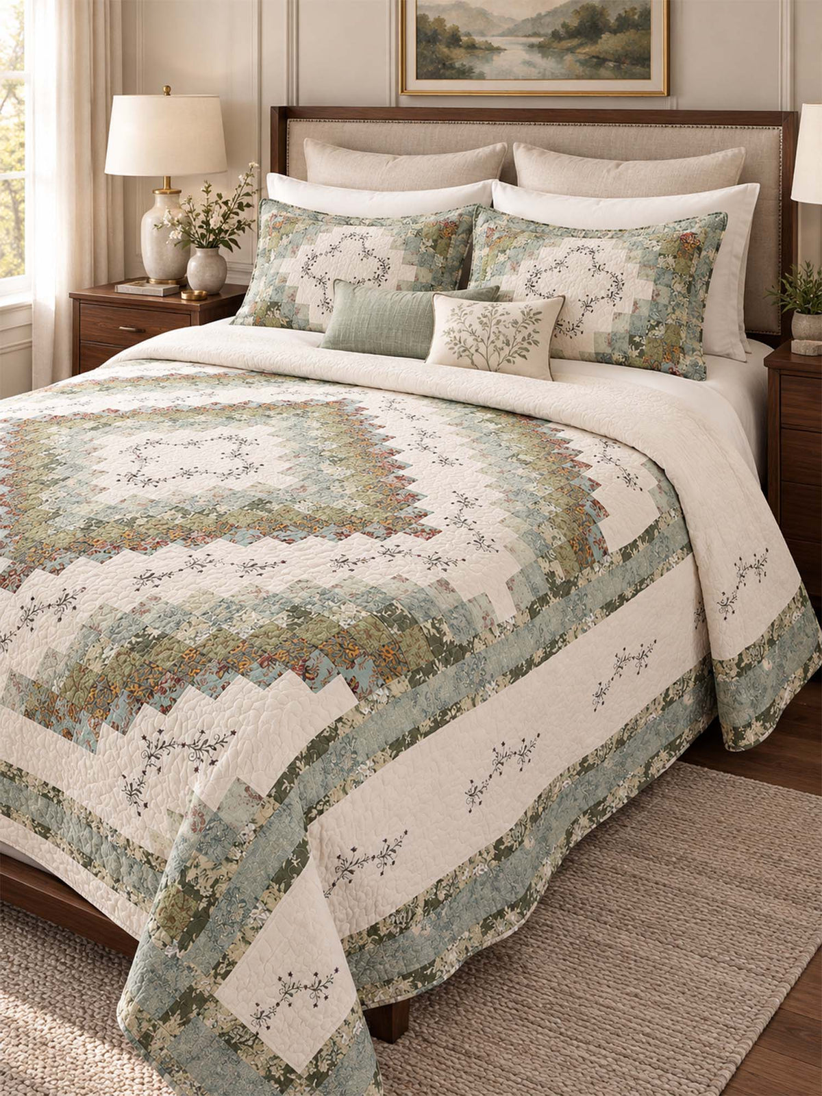 Sage Floral Patchwork Embroidered 100% Cotton Quilted 3-Piece Bedding Set