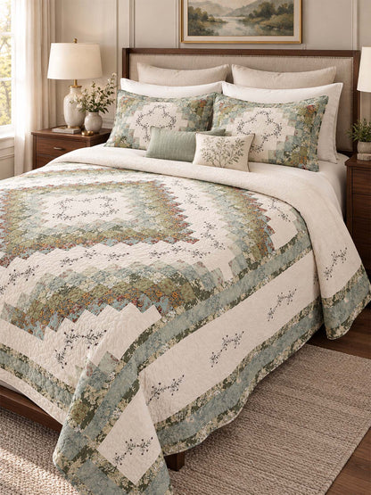 Sage Floral Patchwork Embroidered 100% Cotton Quilted 3-Piece Bedding Set