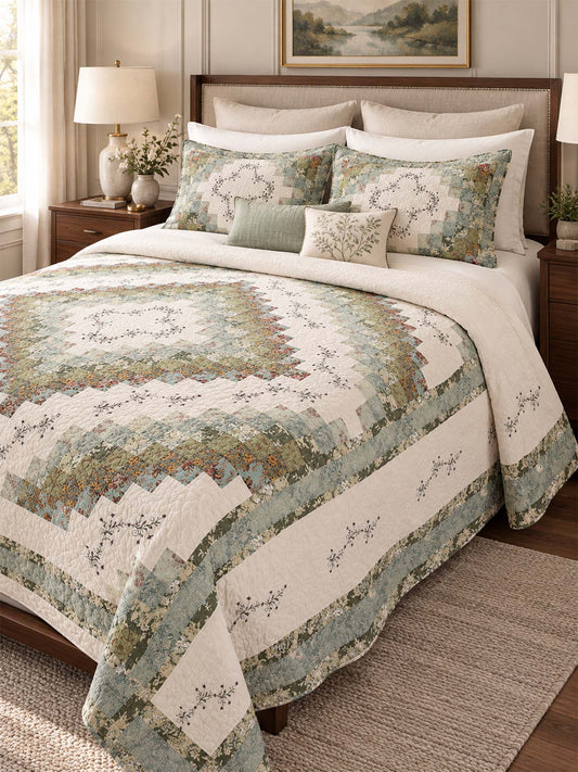 Sage Floral Patchwork Embroidered 100% Cotton Quilted 3-Piece Bedding Set
