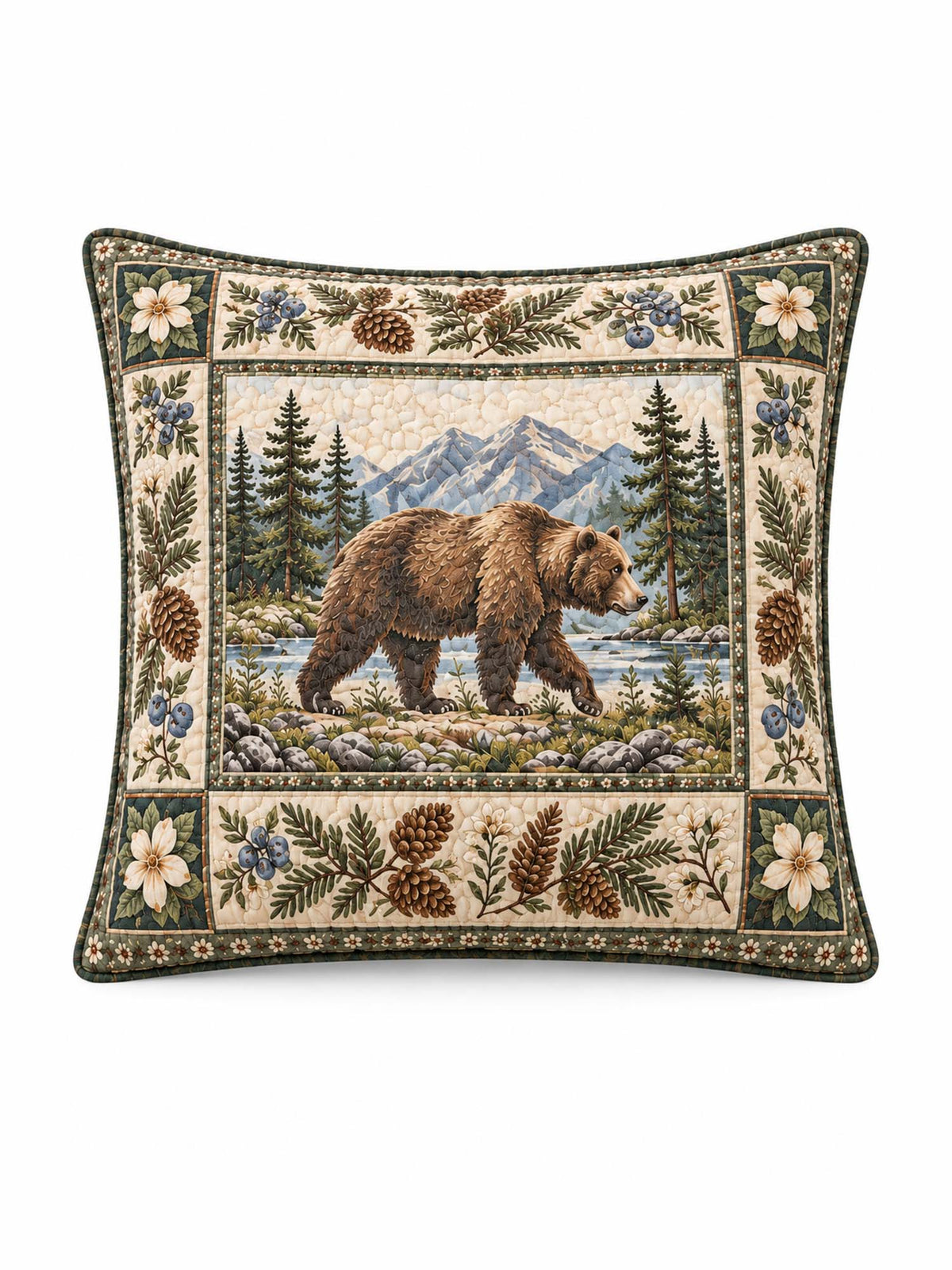 Woodland Bear Forest Quilted Pillow Cover