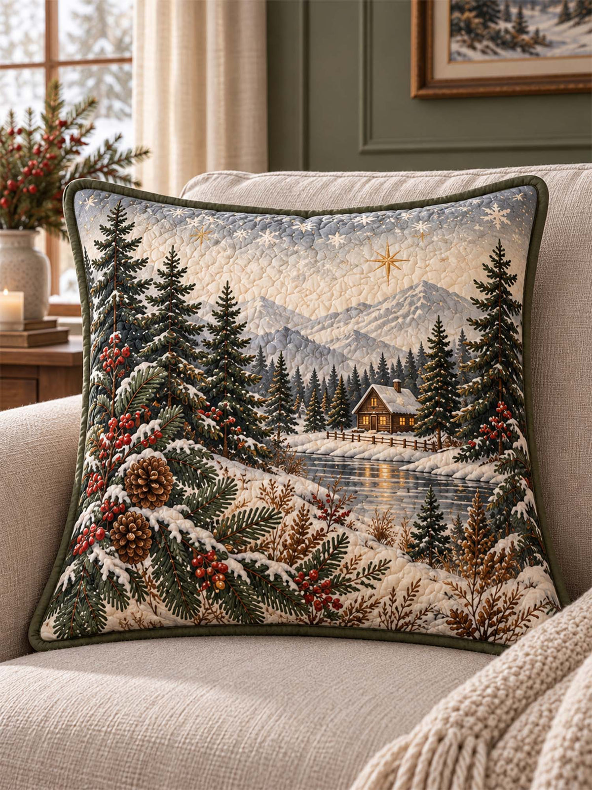 Winter Cabin & Plaid Christmas Quilted Pillow Covers 2-Piece Set