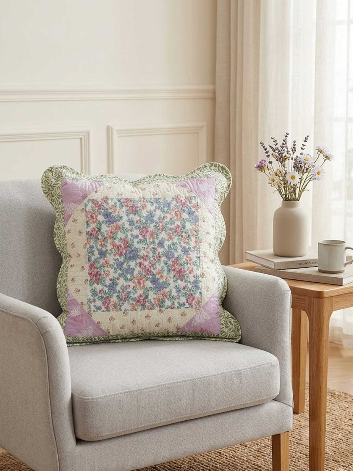 Pink Green Floral Patchwork Quilted Pillow Cover