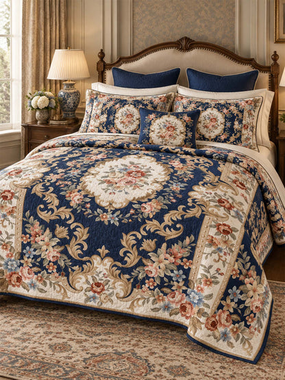Vintage Navy Blue Floral Baroque Quilted 3-Piece Bedding Set