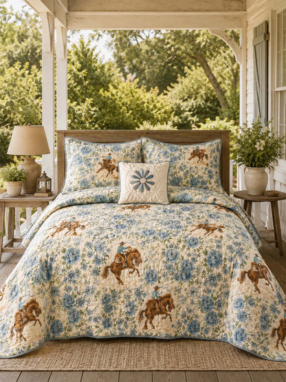 H.PAI Western Floral Horse Quilted 3-Piece Bedding Set