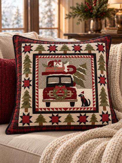 Vintage Christmas Red Truck & Black Cat Plaid Quilted Pillow Cover