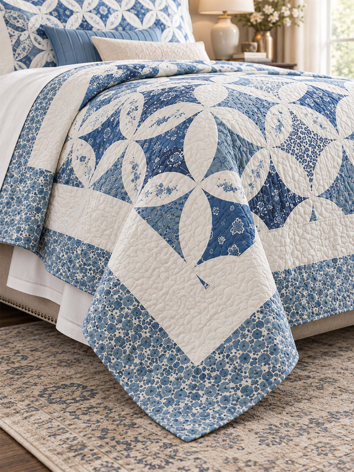 Blue Floral Ring Cottage Reversible 100% Cotton Quilted 3-Piece Bedding Set