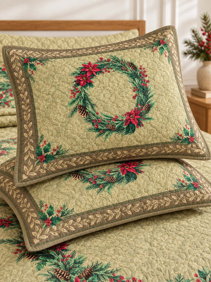Poinsettia Christmas Wreath Quilted 3-Piece Bedding Set
