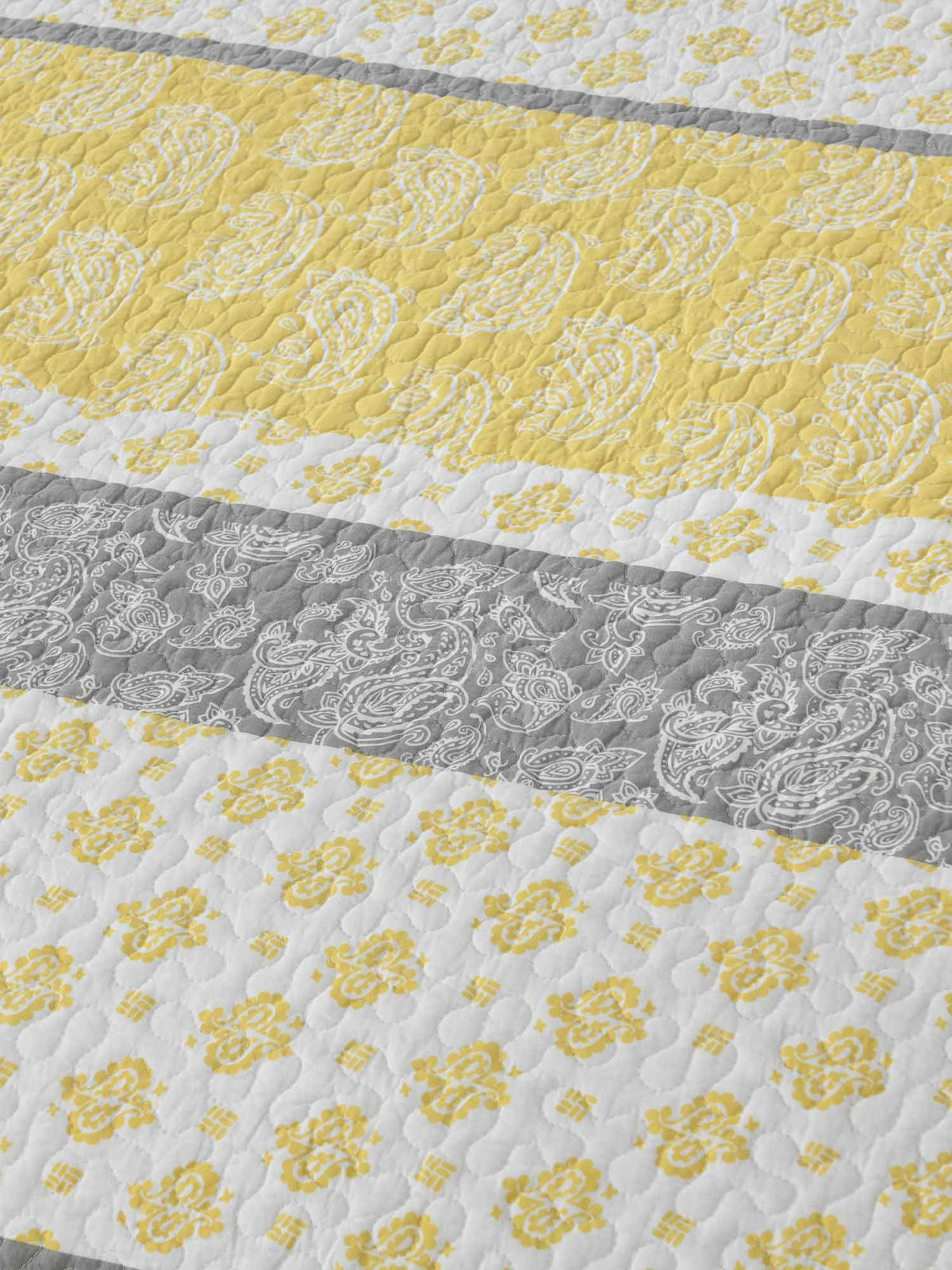 Yellow Grey Paisley Stripe Quilted 3‑Piece Bedding Set
