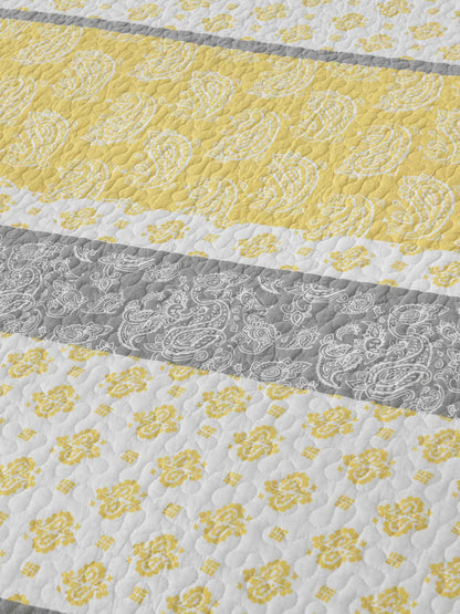 Yellow Grey Paisley Stripe Quilted 3‑Piece Bedding Set